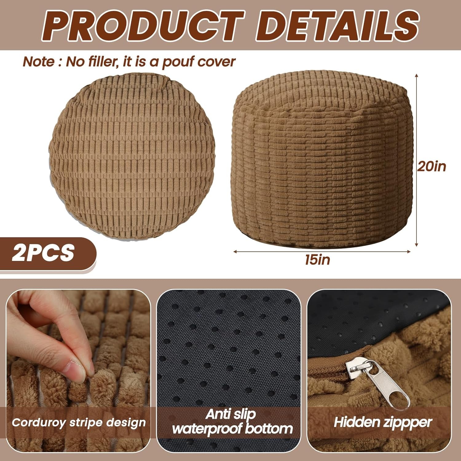 2 Pcs 20 X 15 Inch Unstuffed Ottoman Pouf Cover Corduroy Foot Rest - No Filler, Striped Foot Stool Floor Bean Bag Floor Chair Storage for Modern Farmhouse Bedroom Home Decor (Light Brown)