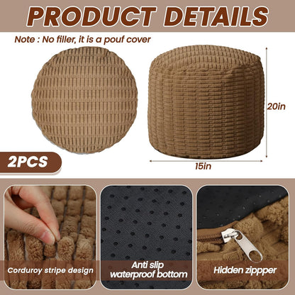 2 Pcs 20 X 15 Inch Unstuffed Ottoman Pouf Cover Corduroy Foot Rest - No Filler, Striped Foot Stool Floor Bean Bag Floor Chair Storage for Modern Farmhouse Bedroom Home Decor (Light Brown)