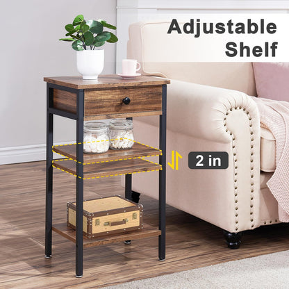 Tall End Side Table,Nightstand with Adjustable Shelf and Bin Drawer for Living Room/Bedroom/Entryway Small Spaces