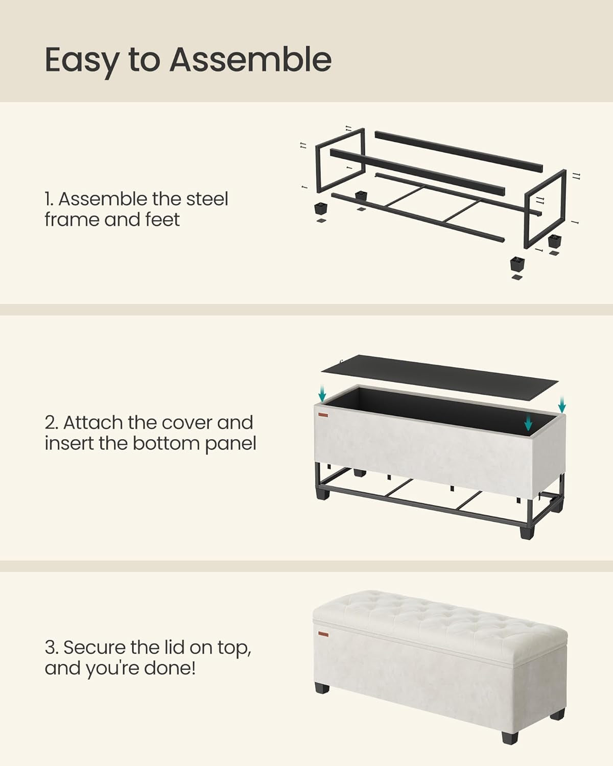 Velvet Storage Ottoman Bench, Foot Rest with Legs, 15.7 X 43 X 15.7 Inches, End of Bed Bench, Storage Chest, Load up to 660 Lb, for Living Room, Bedroom, Entryway, Cream White ULSF089W01