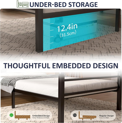 Twin Bed Frame with LED Lights & Charging Station, Metal Platform Bed with Headboard, Heavy Duty Metal Slats, No Box Spring Needed, Noise Free, Easy Assembly, Black
