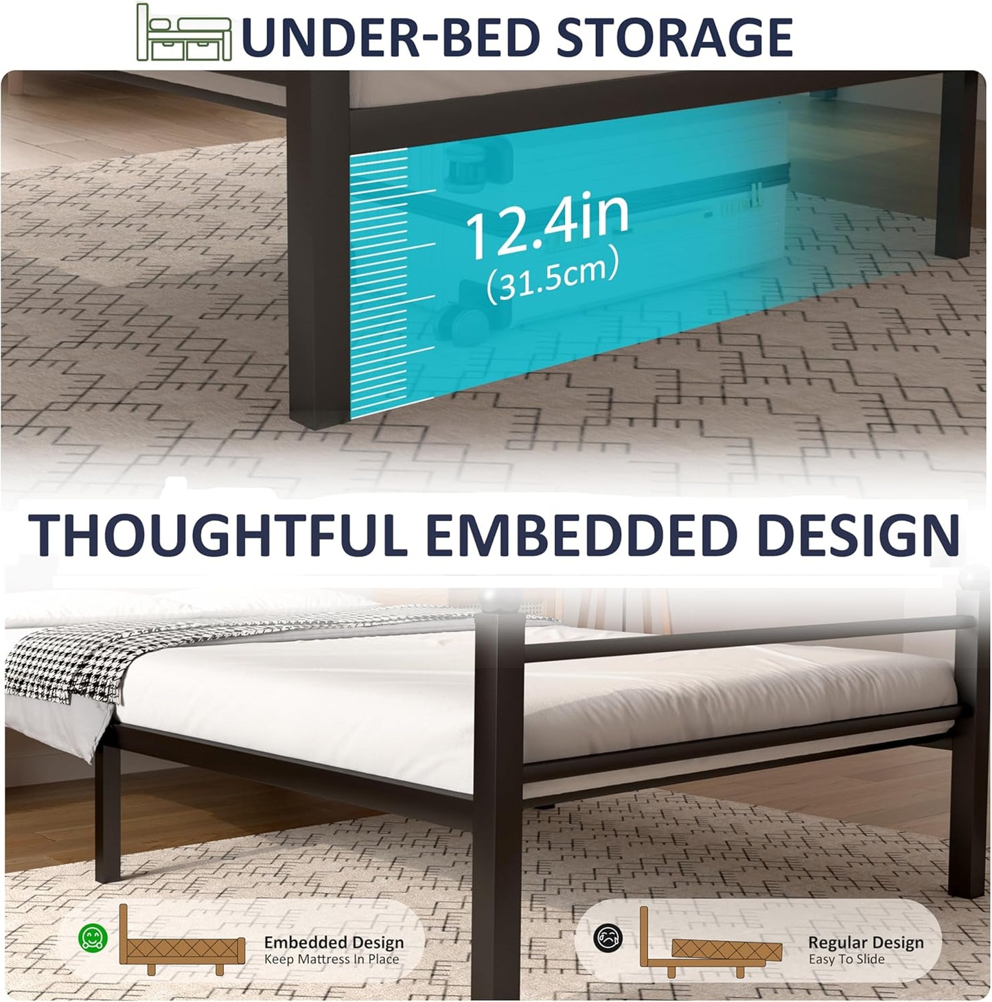 Metal Platform Twin Bed Frame with LED Lights, Charging Station, Headboard, Heavy Duty Slats, No Box Spring Required, Black