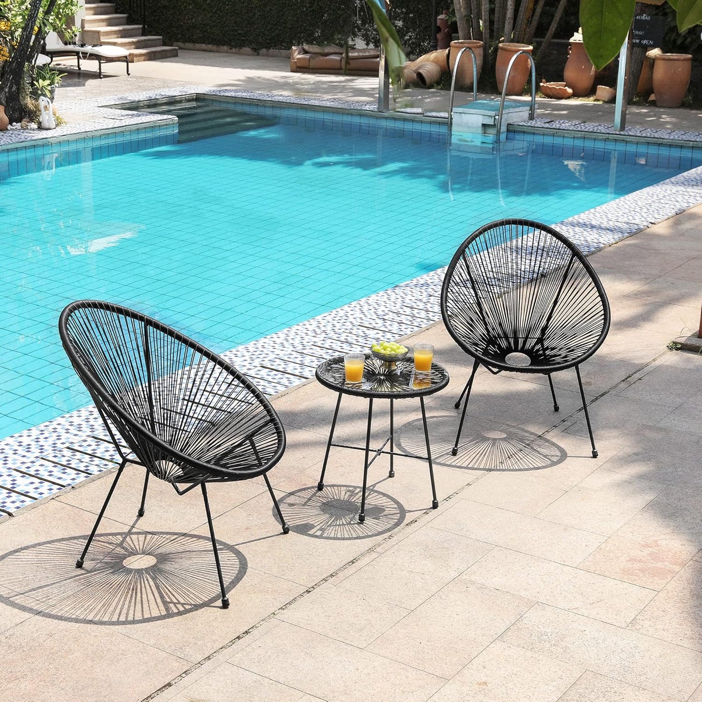 3-Piece Outdoor Seating Acapulco Chair, Modern Patio Furniture Set, Glass Top Table and 2 Chairs, Indoor and Outdoor Conversation Bistro Set, Ink Black UGGF011B01