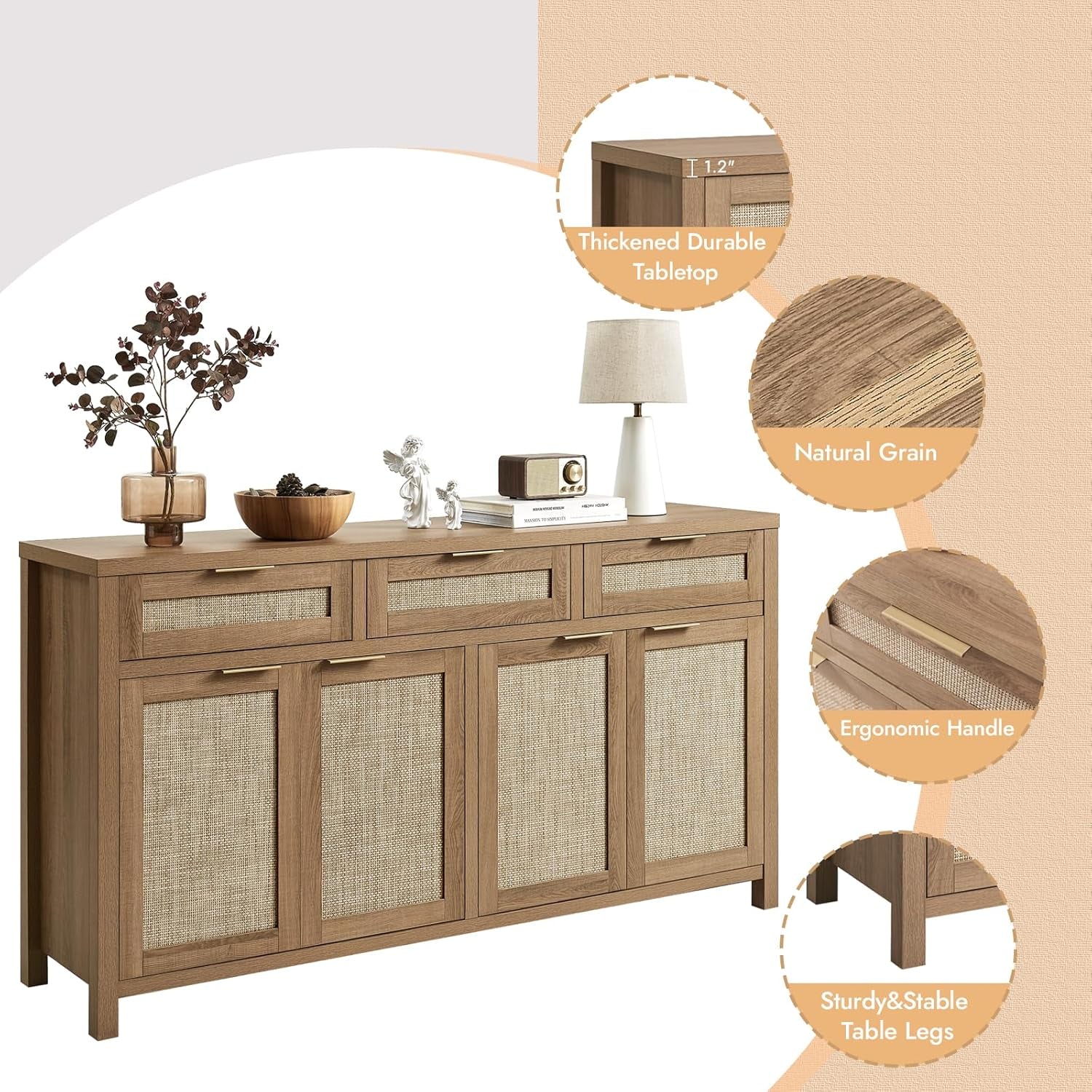 Rattan Sideboard Buffet Cabinet, Boho Storage Cabinet with Adjustable Shelves, Farmhouse Credenza Coffee Bar Cabinets with 4 Doors & 3 Drawers for Living Room, Hallway & Kitchen