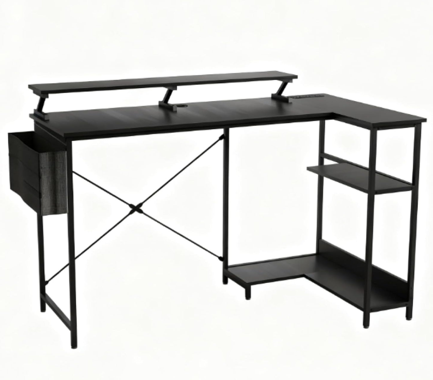 Reversible L Shaped Computer Desk with Built-In Charging Station and RGB LED Light, Home and Office Corner Desk with Ergonomic Monitor Stand