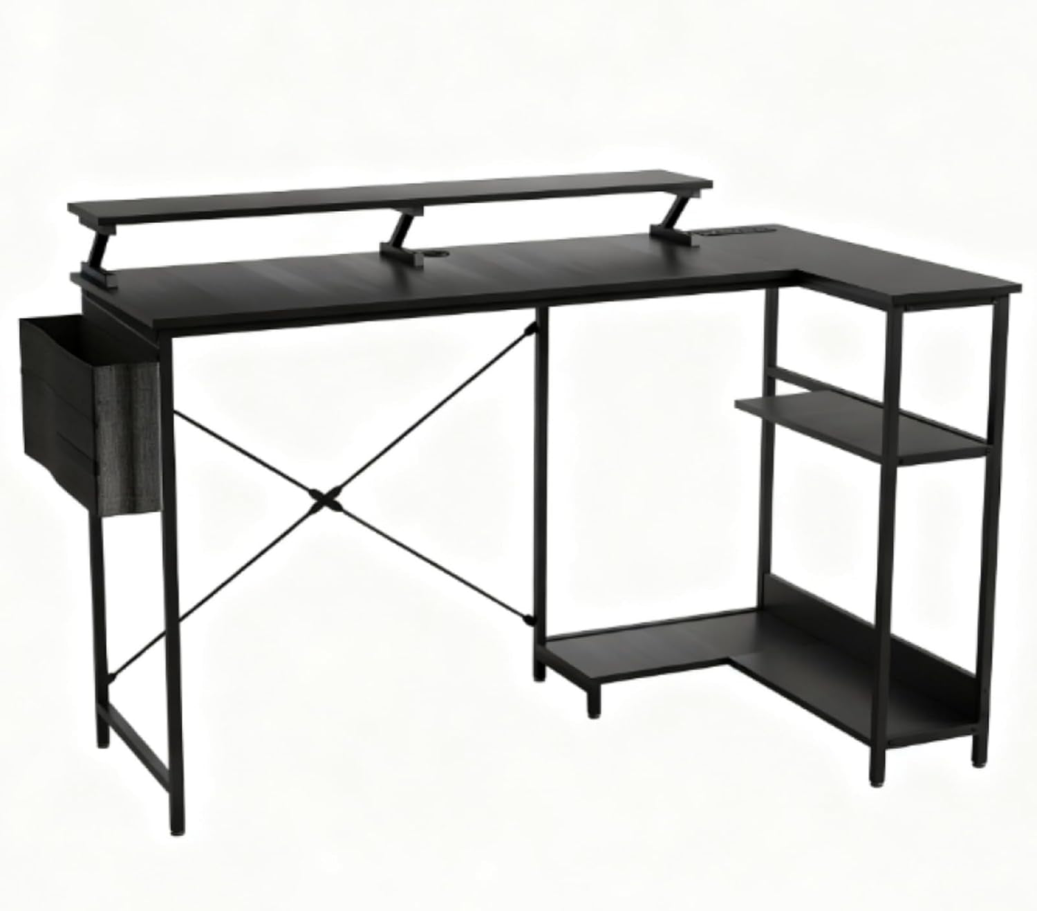 Reversible L Shaped Computer Desk with Built-In Charging Station and RGB LED Light, Home and Office Corner Desk with Ergonomic Monitor Stand