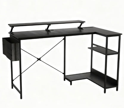 Reversible L Shaped Computer Desk with Built-In Charging Station and RGB LED Light, Home and Office Corner Desk with Ergonomic Monitor Stand