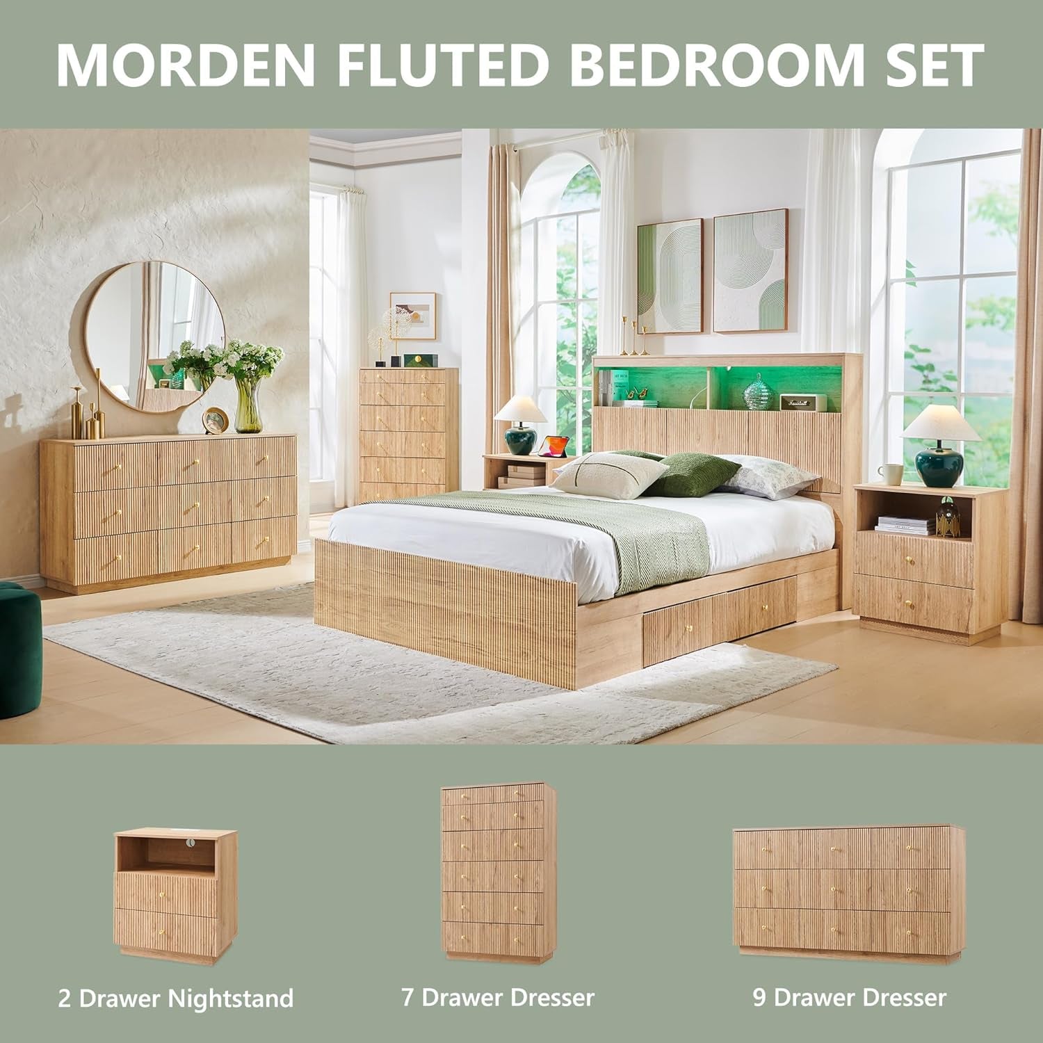 Fluted Night Stand with Charging Station, 21.65" Nightstand with Drawer/Open Shelves, 2 Drawer Dresser for Bedroom, Morden End Table Bedside Table for Bedroom, Living Room, Natural