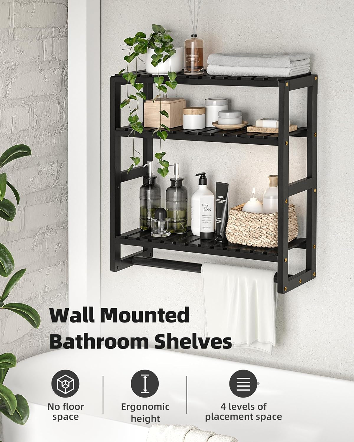 Over the Toilet Storage Bathroom Shelves Wall Mounted 3 Tier Space Saver Corner Shelf Organizer Bamboo Towel Rack Toilet Paper Cabinet with Hanging Rod Black