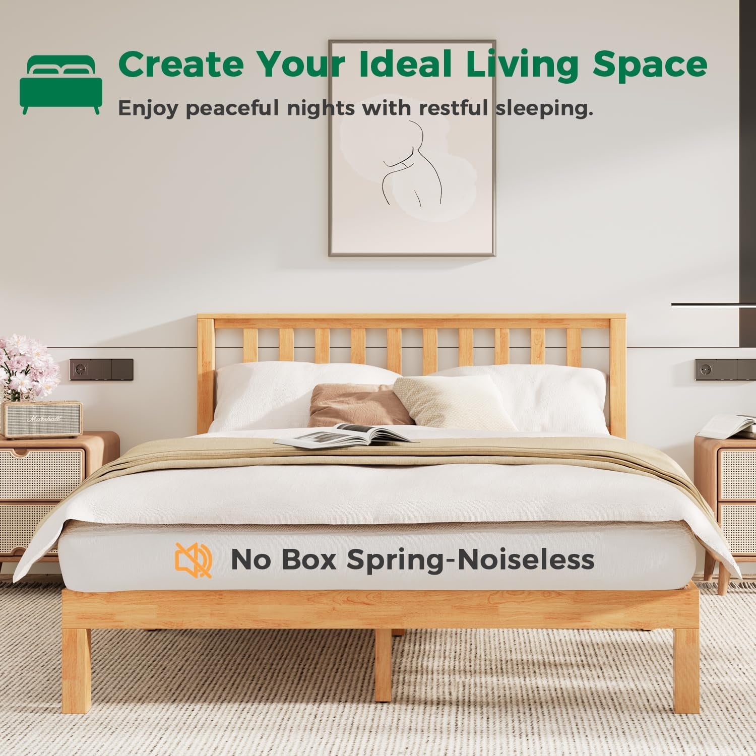 Queen Bed Frame with Headboard, Wood Platform Bed Frame, Farmhouse Style Bed Frame Queen Size with Slats Support, Malaysian Oak, No Box Spring Needed, Easy Assembly, Rustic Pine