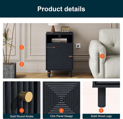 Nightstand Set of 2, Modern Side Table with Charging Station, Accent End Table with Solid Wood Legs, Bedside Table for Bedroom, Entryway, Black