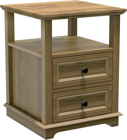 24" Tall Nightstand with Charging Station, Double 18W Fast Charge End Table, Large 18” Bedside Table with Drawers,Rustic Wood Storage Cabinet with Open Shelf for Bedroom,Natural