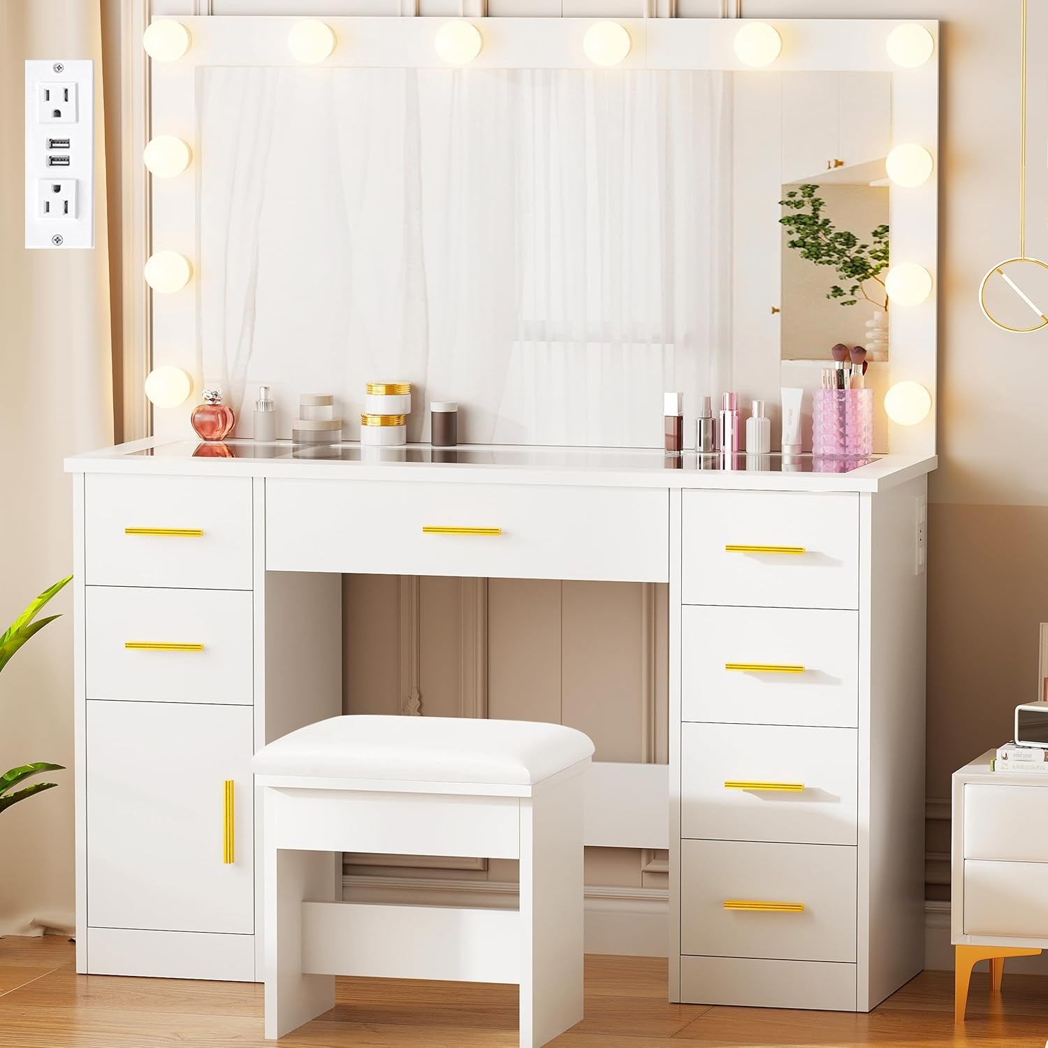 Large Vanity Desk with Lighted Mirror White Makeup Vanity Set with Glass Top & Power Outlet & 7 Drawers Storage 3 Color Lighting Modes Dressing Table with Stool for Bedroom Women Girl UBDT83W