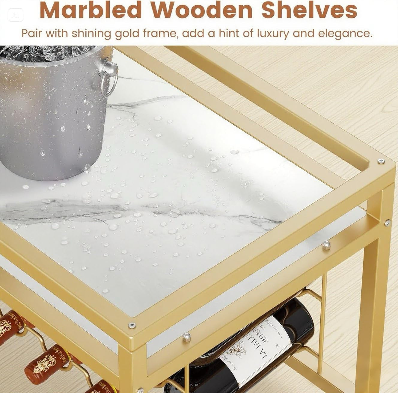 Bar Cart for Home, 3 Tier Gold Serving Rolling Carts with Wheels, Drink Cart, Liquor Stand with Marbled Wooden Shelves, Wine Rack and Glass Holder for Kitchen, Dining Room