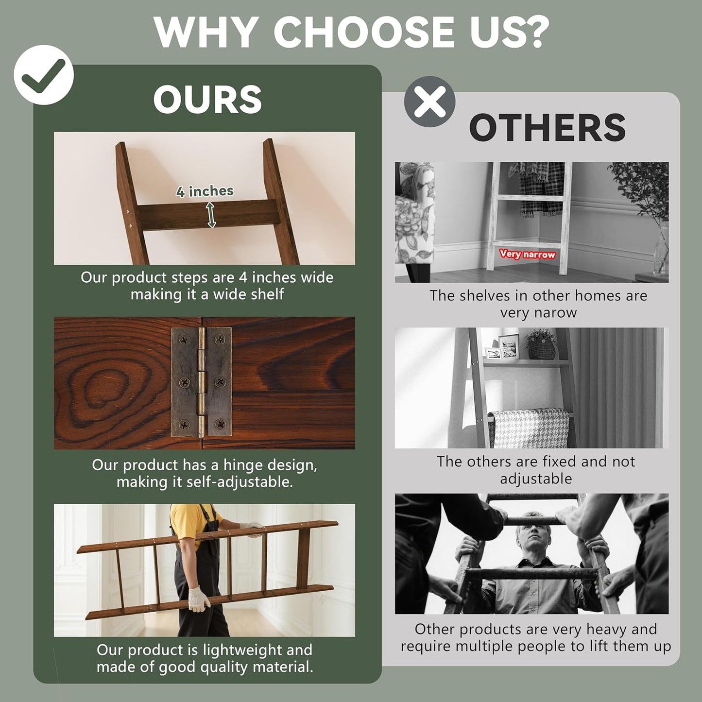 6-Tier Blanket Ladder for Living Room, 5.6FT Pine Wood Quilt Rack with 4 Anti-Slip Straps and 4 Removable Hooks, Lightweight, Easy Assembly, Hinged Design, Farmhouse Decorative Shelf