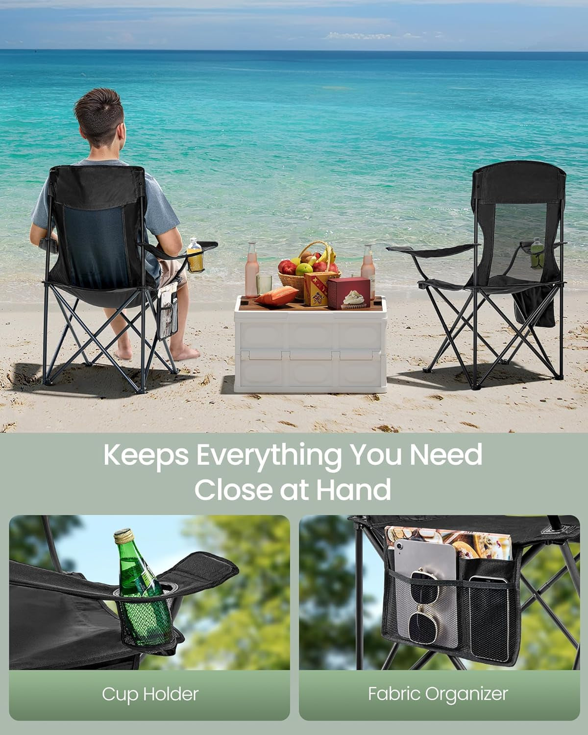 Breathable Camping Chairs, Foldable Outdoor Chairs Set of 2, High Back, Adjustable Armrests, Drink Holder, Weight Capacity 330 Lb, for Sports Garden Backyard, Ink Black UGCB028B02