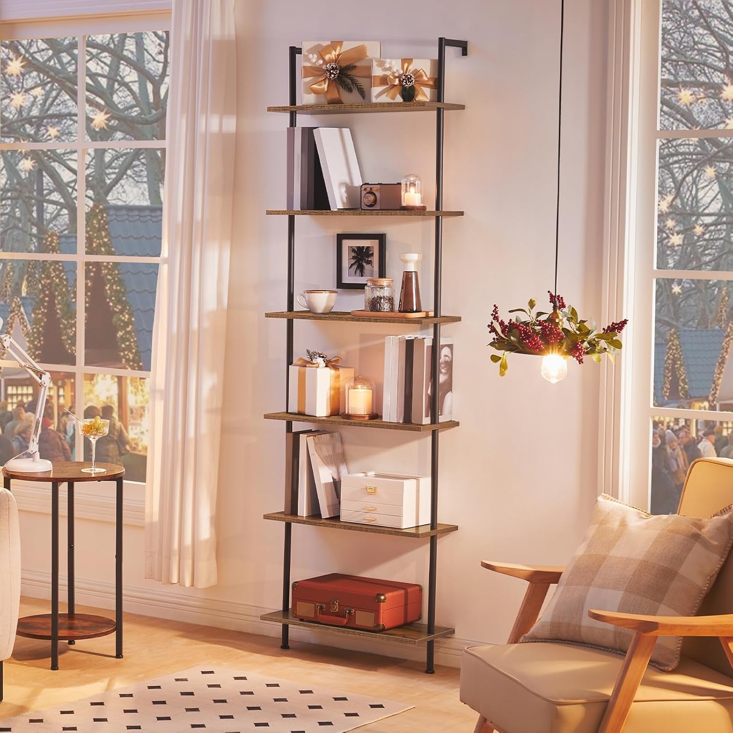 DIY Ladder Shelf, 6-Tier Wall Mounted Bookshelf, Office Vertical Bookcase, Wooden Storage Shelves for Home Office, Bedroom, Rustic Brown and Black BF65CJ01