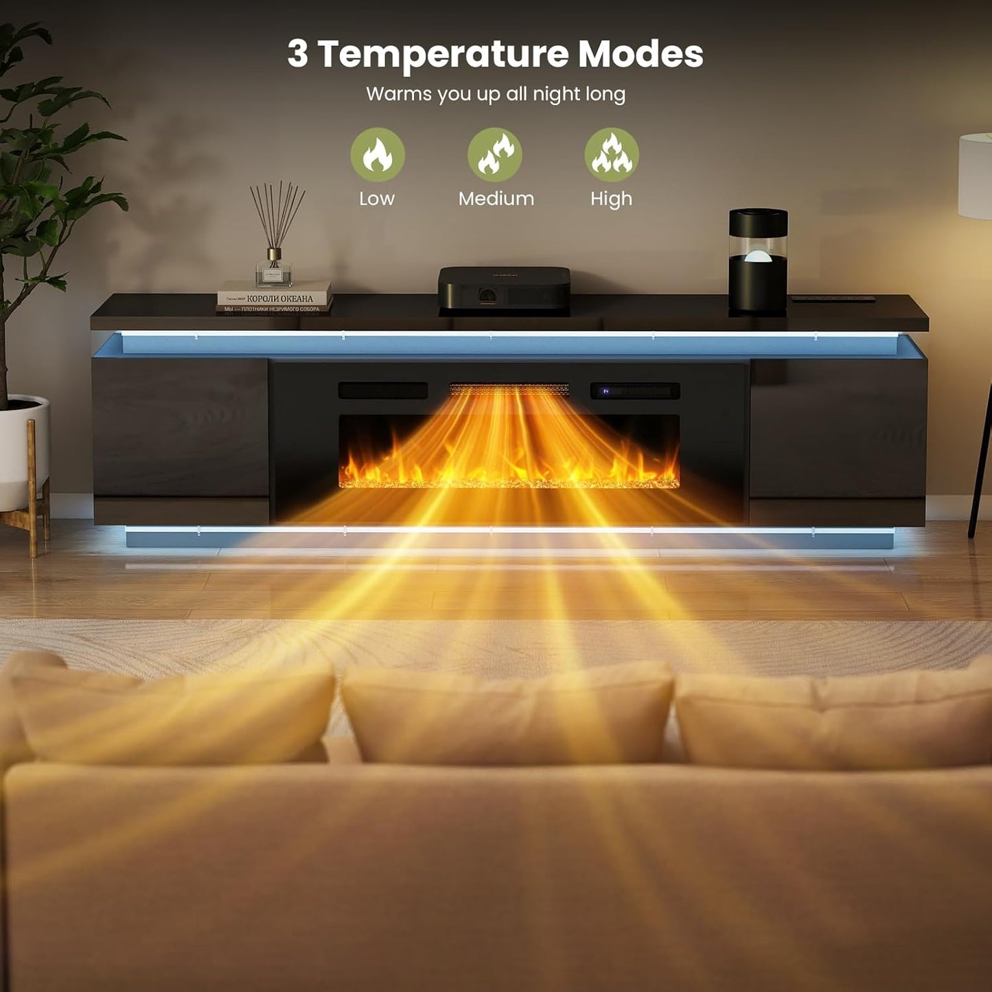 Fireplace Tv-Stand with 40" Fireplace - 2 LED Light Tv-Stand for 85 Inch Tvs - Entertainment Center with 4 AC Power Outlets - 2 Tier TV Consoles Stand for Living Room, Black