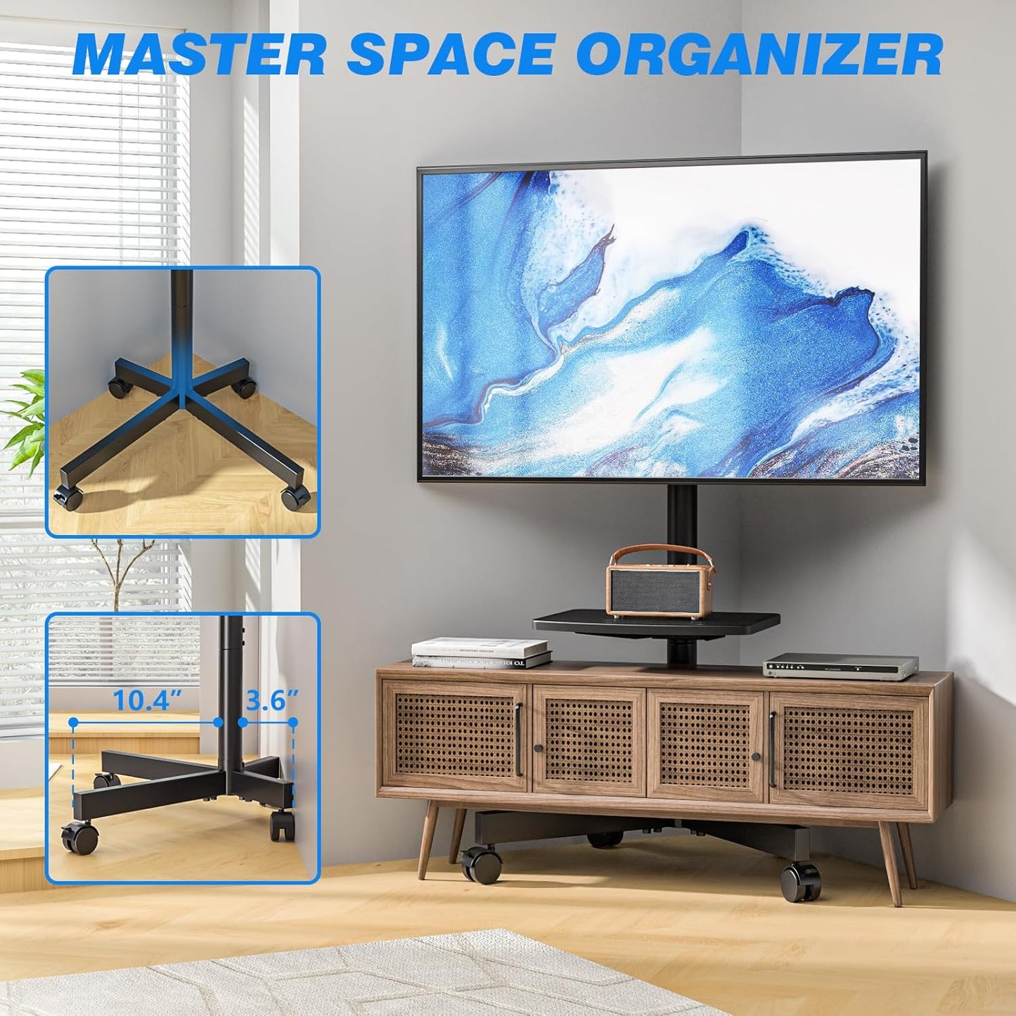 Rolling TV Stand with Shelf for 23-65 Inch Tvs up to 88Lbs, Portable Mobile TV Cart with Silent Wheel, Tilt & Height Adjustable Universal Corner TV Stand for Bedroom, Living Room, Office