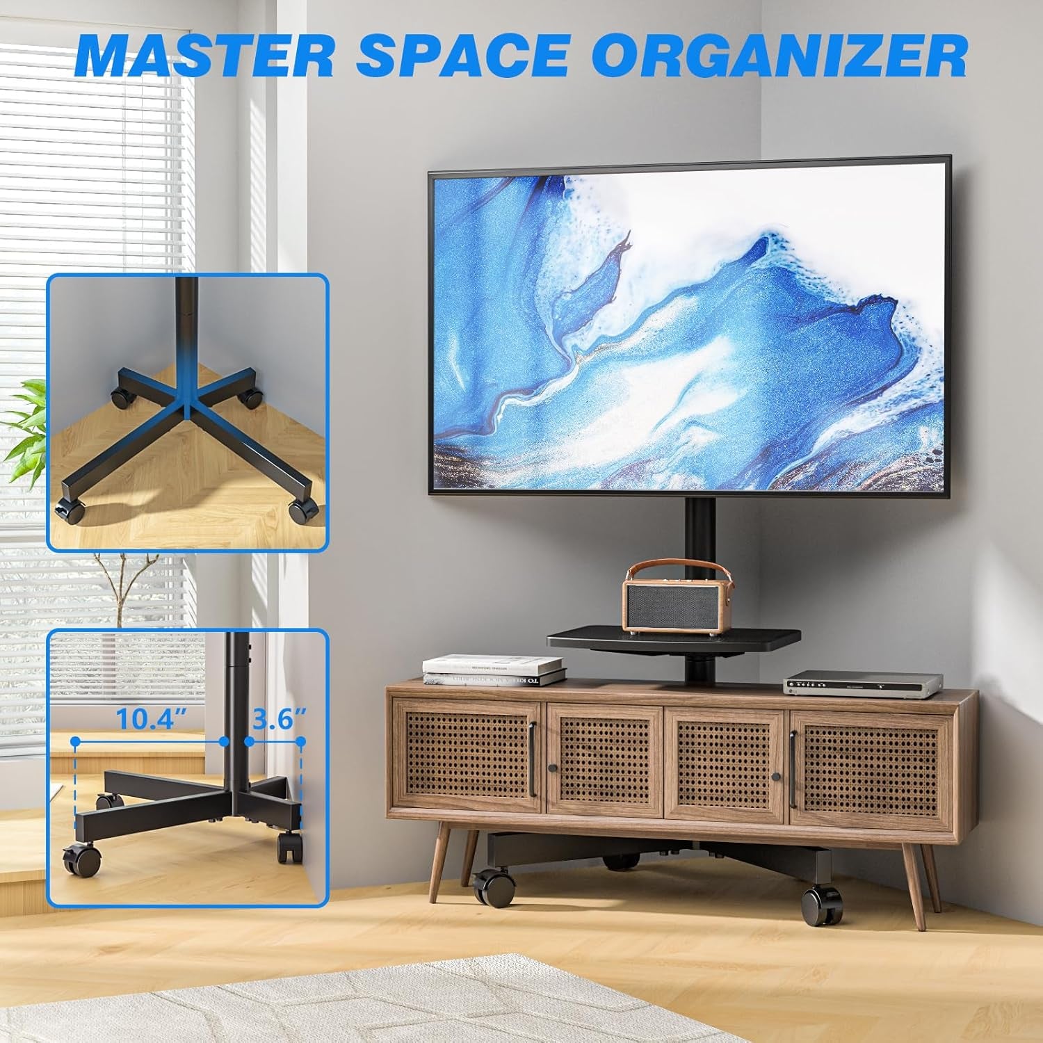 Rolling TV Stand with Shelf for 23-65 Inch Tvs up to 88Lbs, Portable Mobile TV Cart with Silent Wheel, Tilt & Height Adjustable Universal Corner TV Stand for Bedroom, Living Room, Office