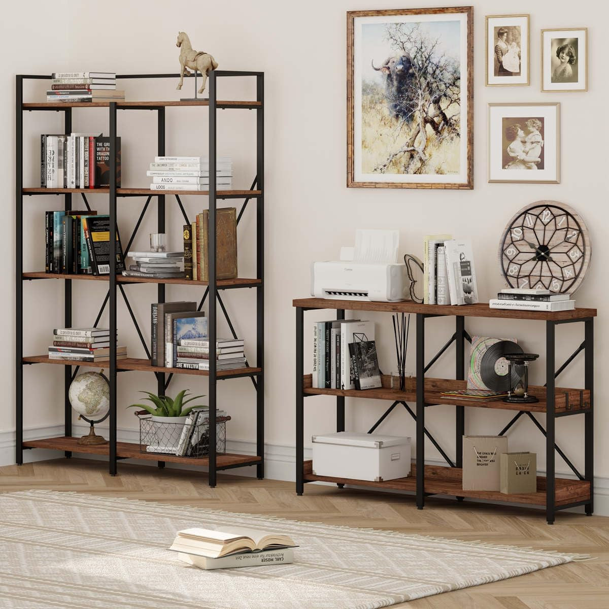 Rustic Console Table with Shelves, 3 Tier Sofa Table behind Couch for Living Room, Wood Metal Entryway Tables for Hallway, Foyer, Entrance (47 Inch, Rustic Oak)