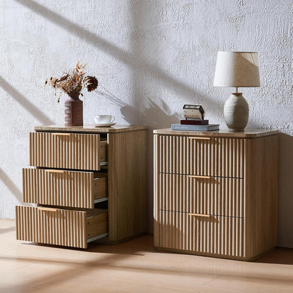 Fluted Nightstand Set of 2, Engineered Wood Bedside Table with 3 Drawers, Modern End Table with Faux Marble-Top, Curved Corners, Metal Handle, Large Night Stand for Bedroom, Office, Closet Natural Oak