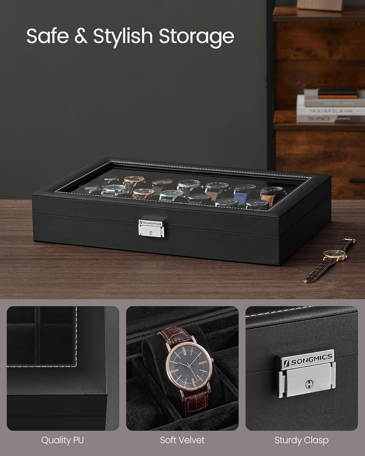 24-Slot Watch Box, Lockable Watch Storage Case with Glass Lid, Gift Idea, Ink Black Synthetic Leather, Ink Black Lining UJWB024B02