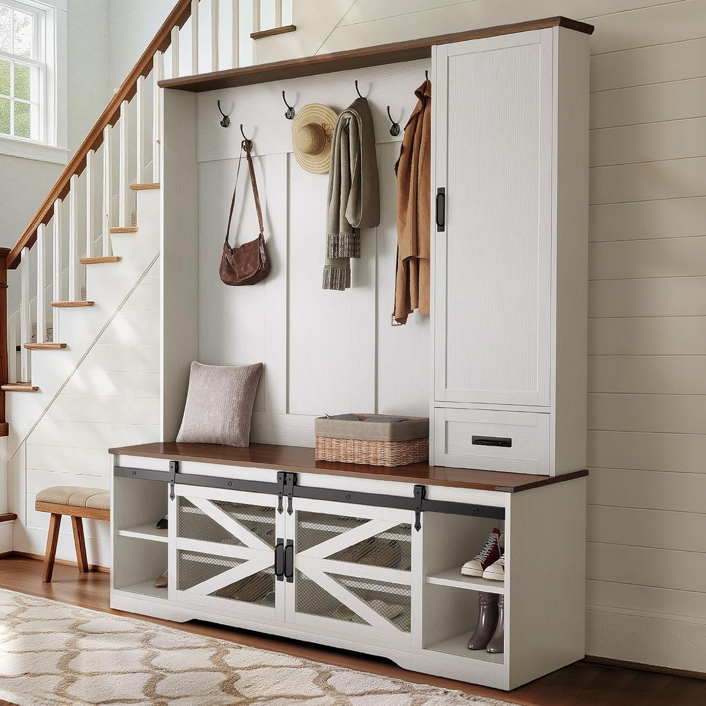 Hall Tree with Bench and Shoe Rack, Modern Large Shoe Storage Organizer with Coat Hooks, Drawer, Sliding Barn Door, Adjustable Shelves & Anti-Tip Kit for Entryway Mudroom