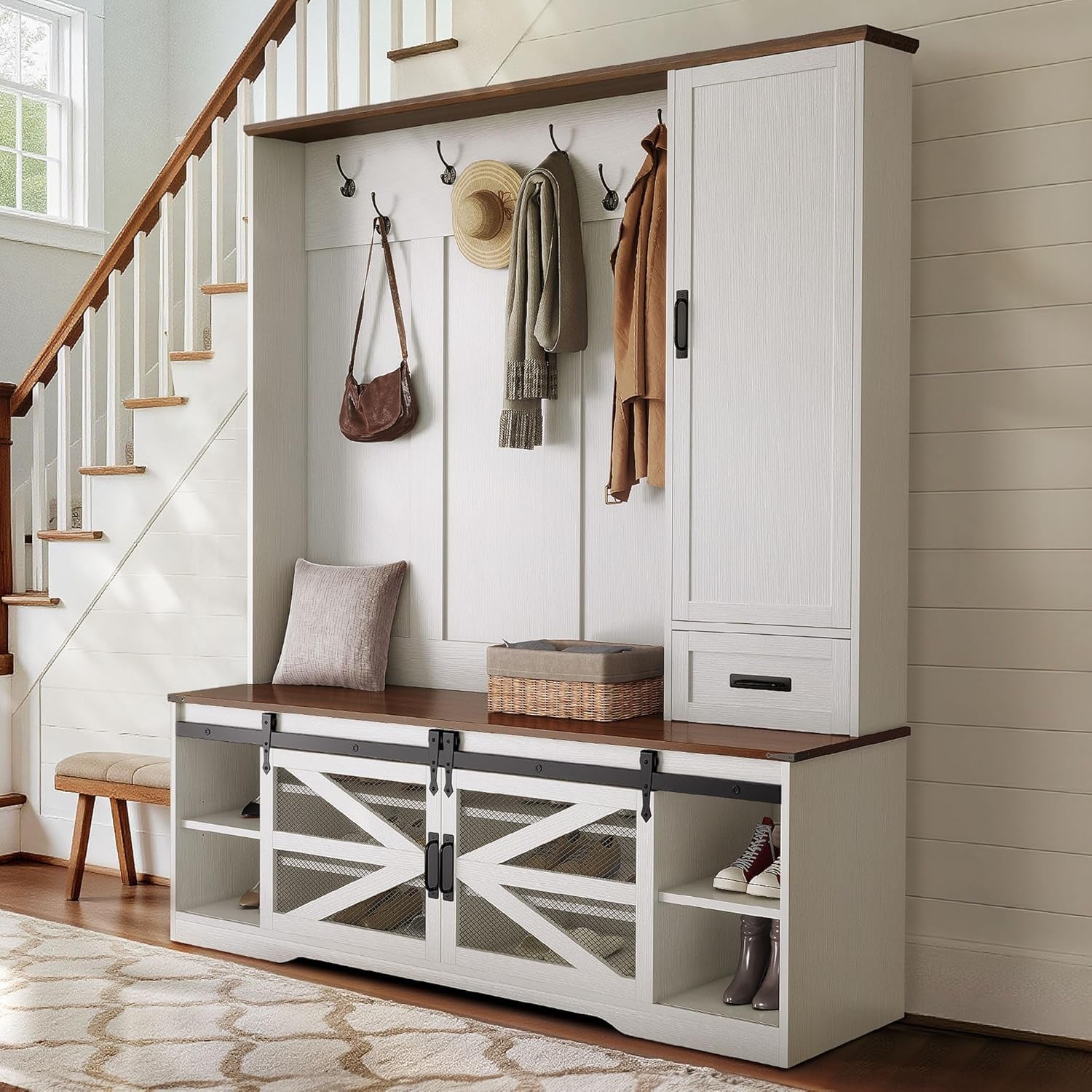 Hall Tree with Bench and Shoe Rack, Modern Large Shoe Storage Organizer with Coat Hooks, Drawer, Sliding Barn Door, Adjustable Shelves & Anti-Tip Kit for Entryway Mudroom