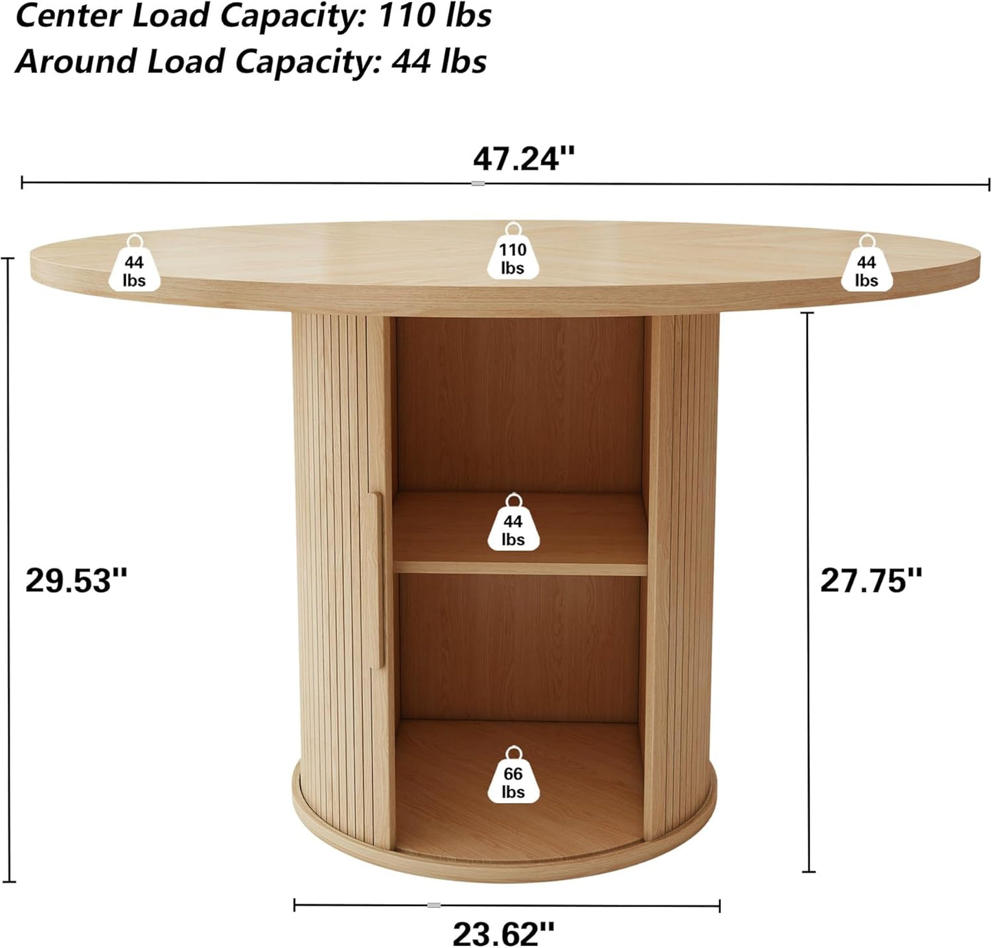 47 Inch round Dining Table for 4, Kitchen Table Dinner Table with 2-Layer Storage Shelf and Wood Slide Door for Home Dining Room Living Room (Natural)