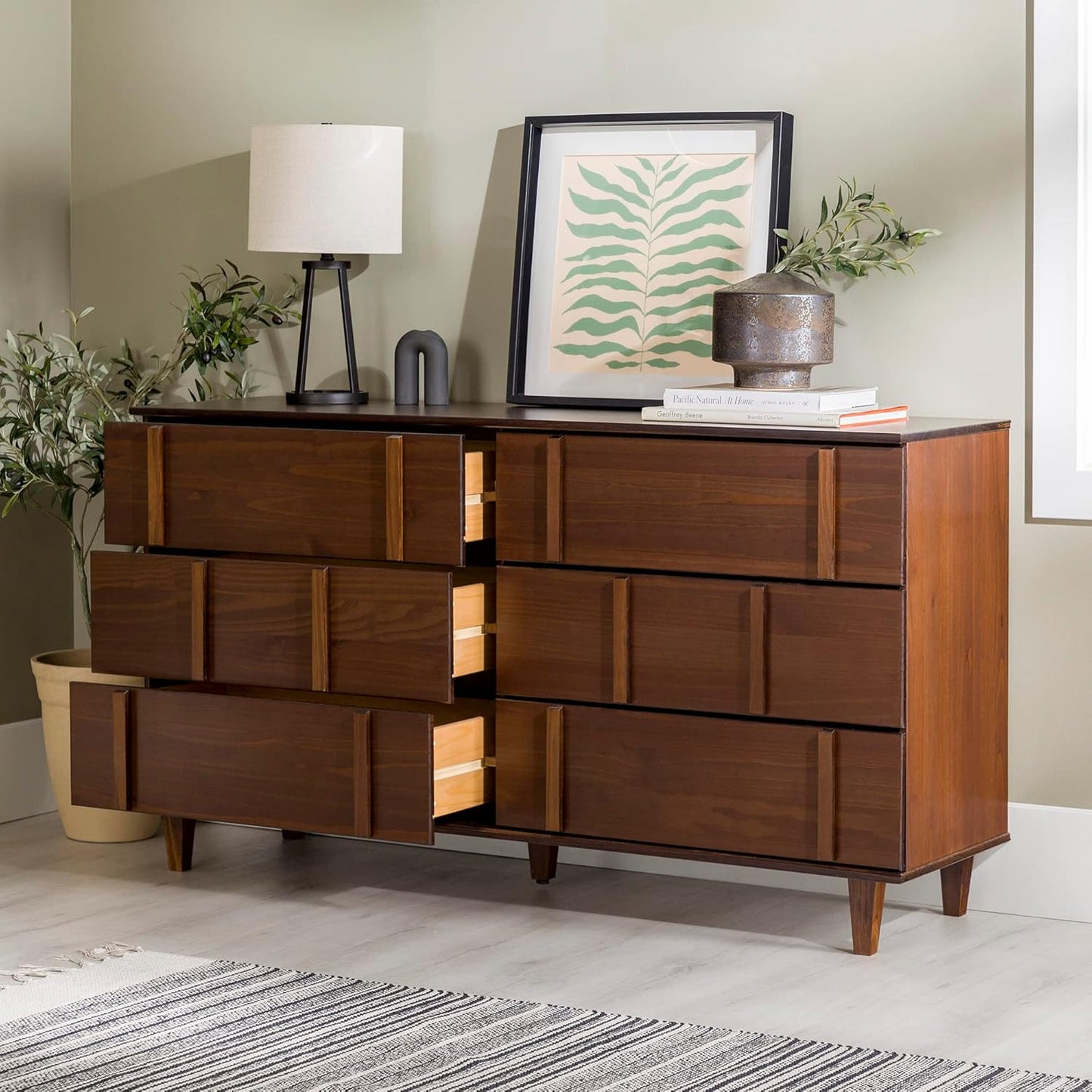 Contemporary Detailed 6-Drawer Solid Wood Dresser, 60 Inch, Walnut