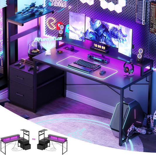 Gaming Desk with LED Strip & Power Outlet, 59Inch Reversible Computer Desk with Monitor Stand & Storage Shelves, Home Office Desks with Fabric File Drawer, PC Gamer Table, Carbon Fiber Black