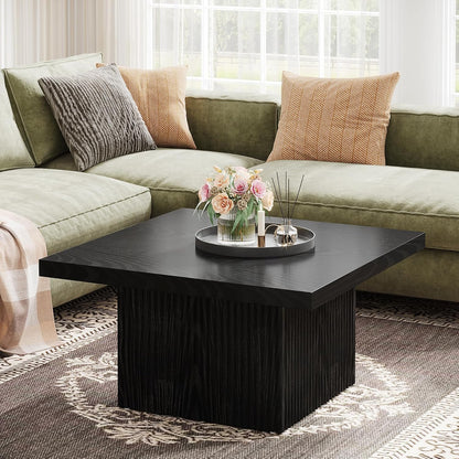 Square Coffee Table, 31.5-Inch Fluted Coffee Table, Mid-Century Modern Living Room Table, Large Cocktail Table for Living Room, Easy Assembly, Black