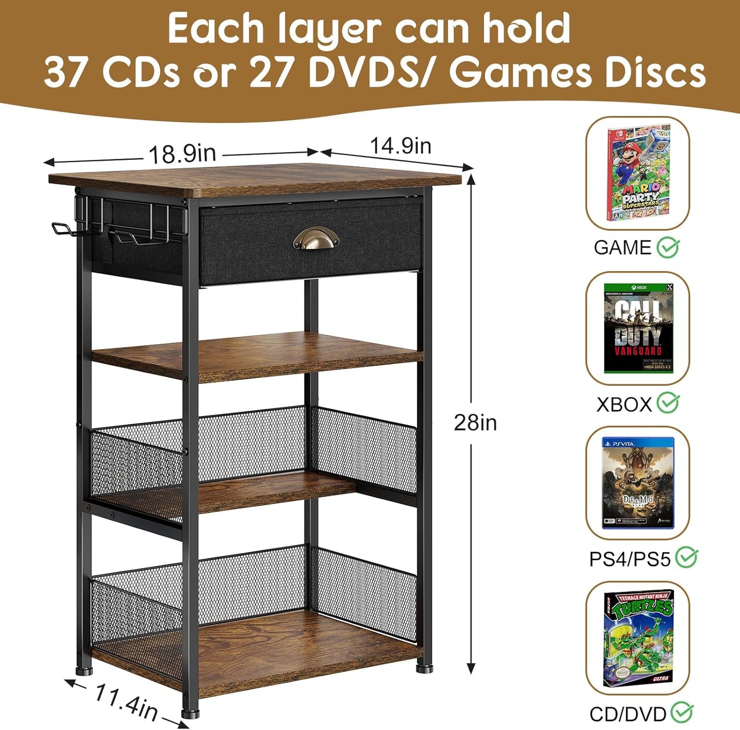 4-Tier AV Media Stand with Drawer, Video Game Console Shelf with 2 Hooks, Audio Rack Tower Perfect For/Xbox/ Ps5/Switch/Game Consoles/Dvd/Record Player/Projector/Sky Box/Tv Accessories