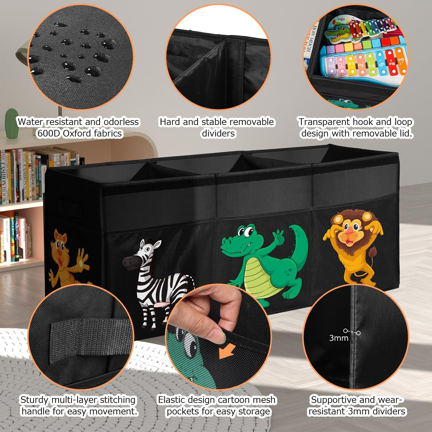 Extra Large Toy Box, Collapsible Sturdy Toy Storage Organizer with Lids, Dinosaur Storage Box for Boys Girls, 42"X16"X14" Kids Bin Chest Baskets for Living Room, Playroom, Bedroom, Nursery, Black