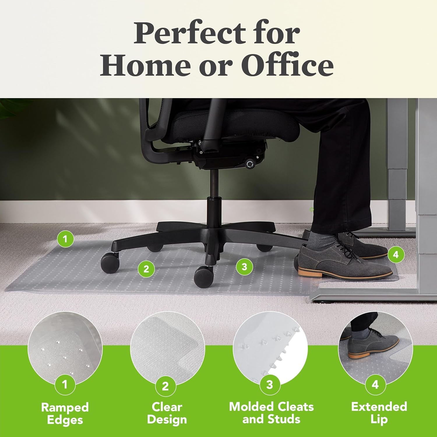 Office Chair Mat for Carpet, Computer Desk Chair Mat for Carpeted Floors, Easy Glide in Office or Home with Extended Lip (36” X 48”)