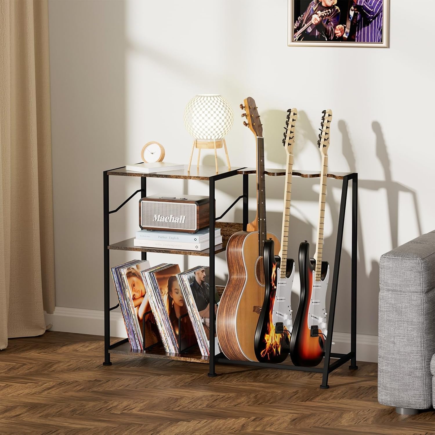 Record Player Stand, 3 Tier Guitar Stand for Acoustic, Electric Guitar, Bass Stand, Vinyl Record Storage up to 200 Albums, Brown Records Shelf for Living Room Bedroom (Rustic Brown)