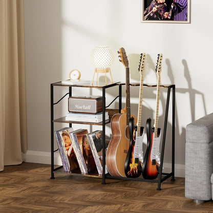 Record Player Stand, 3 Tier Guitar Stand for Acoustic, Electric Guitar, Bass Stand, Vinyl Record Storage up to 200 Albums, Brown Records Shelf for Living Room Bedroom (Rustic Brown)