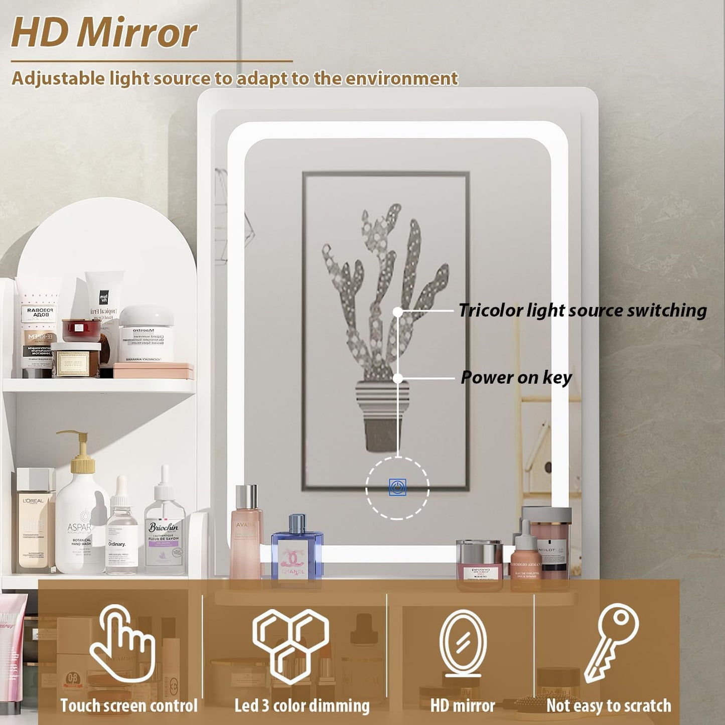 Vanity Set with Rectangular Mirror, Makeup Vanity Dressing Table with 5 Drawers, Shelves, Dresser Desk and Cushioned Stool Set (B White/Lighted Mirror)