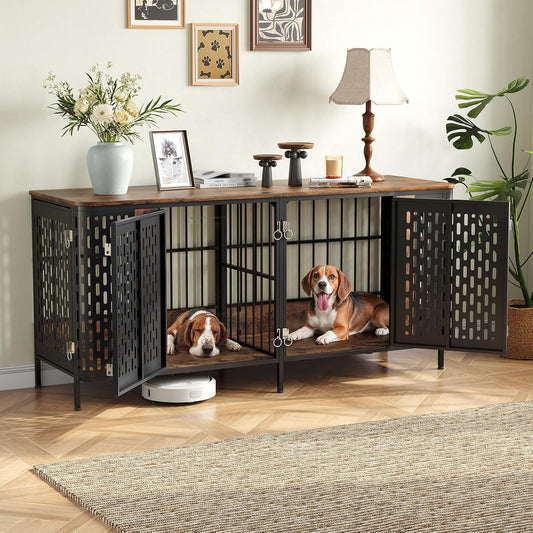 71" Dog Crate Furniture for 2 Dogs, Indoor Heavy Duty Dog Crate with Removable Divider and 4 Doors, Escape Proof Pet Cage, XXL Thicken Wooden Kennel TV Stand for Medium Large Dogs,Brown