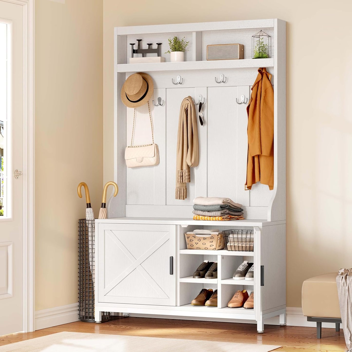 Hall Tree with Shoe Storage Bench for Entryway, 4-In-1 Coat Rack with Bench, Entrance Organizer, Hall Tree with Adjustable Shoe Storage and Hanging Hooks, White