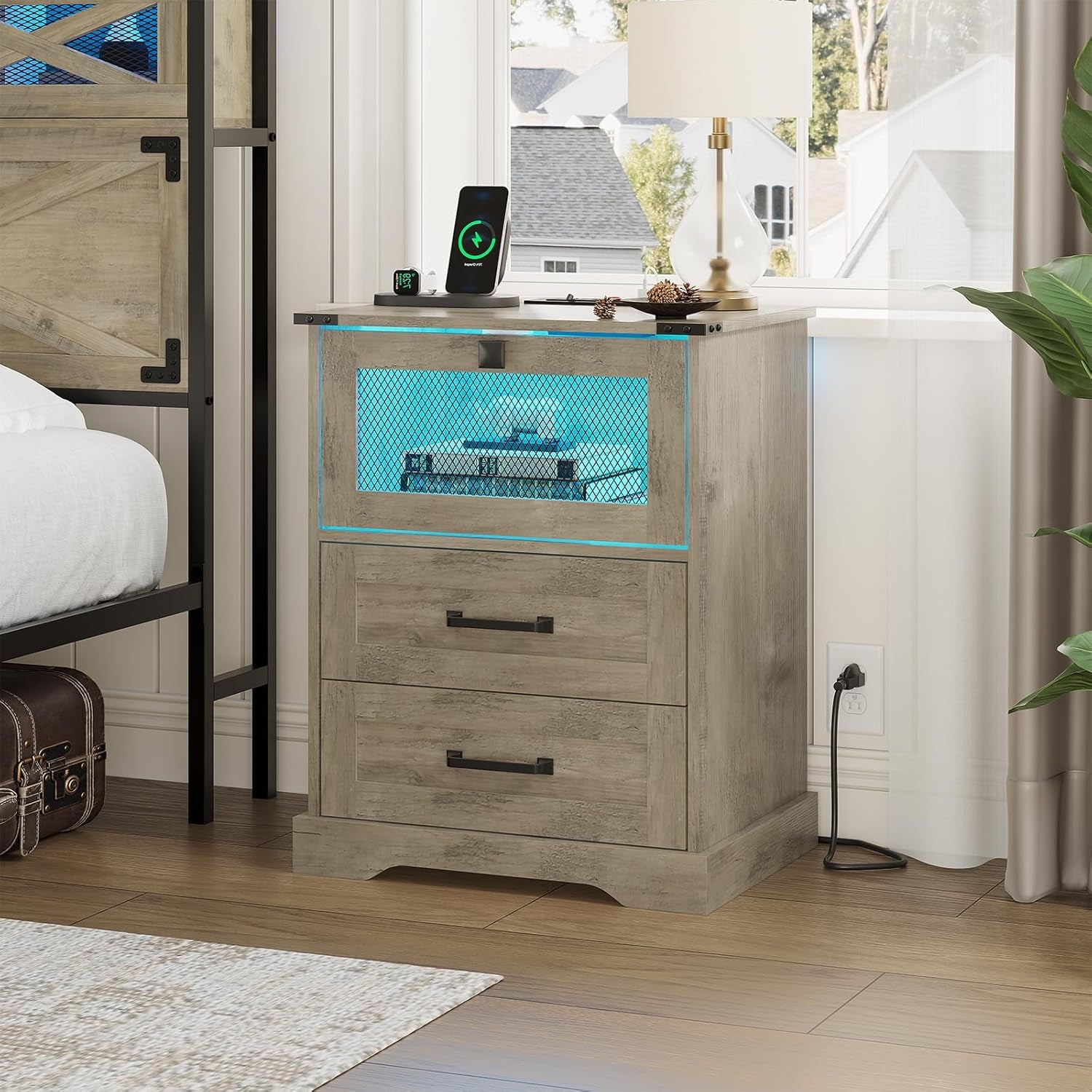 Farmhouse Night Stand with LED Lights and Charging Station, Rustic Oak Nightstand with 2 Drawers, and Cubby with Wire Mesh Door, Bedside End Table for Bedroom