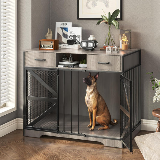 44" Large Dog Crate Furniture, Wooden Heavy Duty Dog Kennel TV Stand with 2 Drawers, Indoor Multi-Functional Decorative XL Furniture for Medium & Large Breeds, White