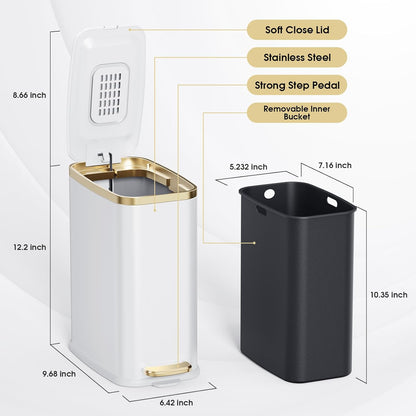 Small Bathroom Trash Can with Lid Soft Close-5L/1.3 Gal Stainless Steel Garbage Can-Step Pedal Wastebasket Slim Trash Bin for Office, Bedroom, Toilet, Live Room-White