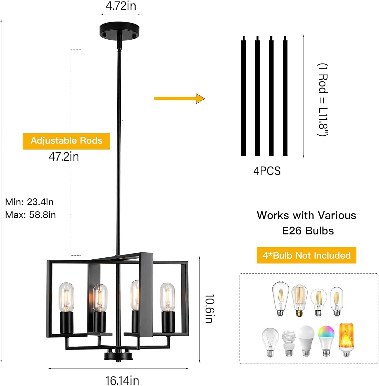 Modern Chandeliers for Dining Room, Black Farmhouse Chandelier, 4 Lights Industrial Pendant Light Fixture Adjustable Hanging Lights for Living Room Entryway Kitchen (Black, 16.14"【4 Lights】)
