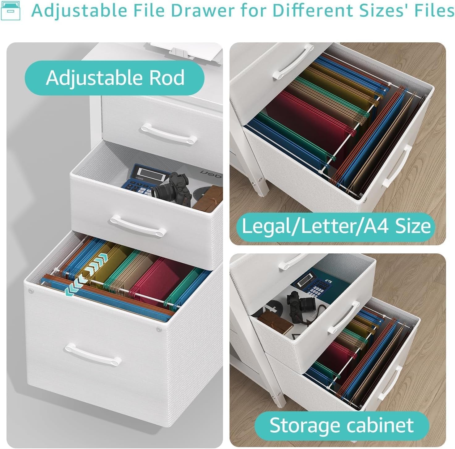 White Desk with Fabric File Drawers Cabinet, 47 Inch Reversible Computer Desk with Filing Cabinet for Bedroom Small Space Home Office, Modern Writing Table PC Desks, White
