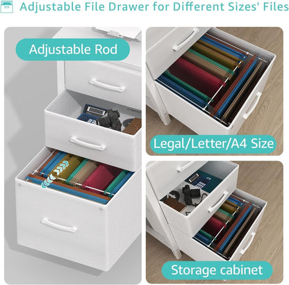 White Desk with Fabric File Drawers Cabinet, 47 Inch Reversible Computer Desk with Filing Cabinet for Bedroom Small Space Home Office, Modern Writing Table PC Desks, White