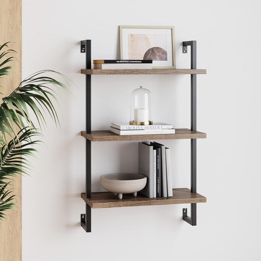 Theo 3-Shelf Small Bookcase, Floating Wall Mount Bookshelf with Wood and Industrial Pipe/Metal Frame, Rustic Oak/Matte Black