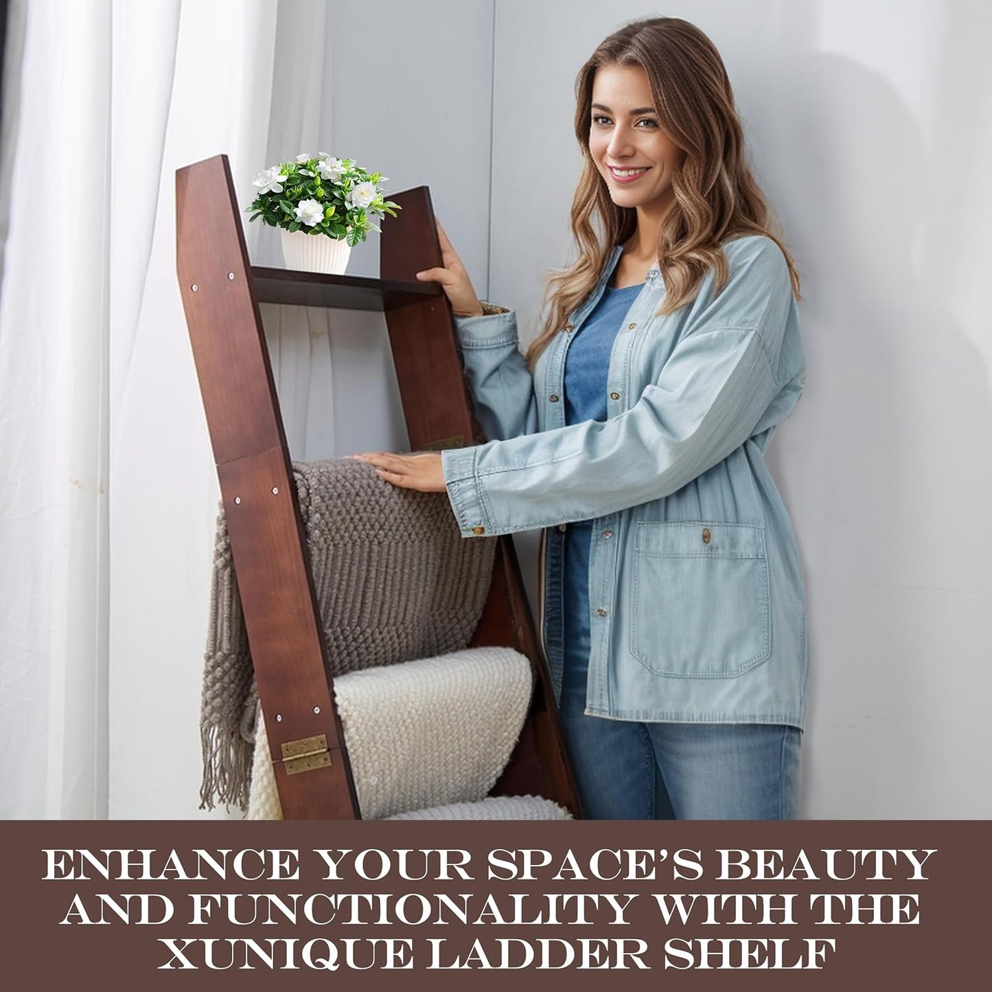 5-Tier Blanket Ladder for the Living Room, 4.8 FT Anti-Slip Decorative Ladder Shelf Leaning Quilt Rack, Lightweight, Easy Assemble, Wooden Blanket Rack (Brown)