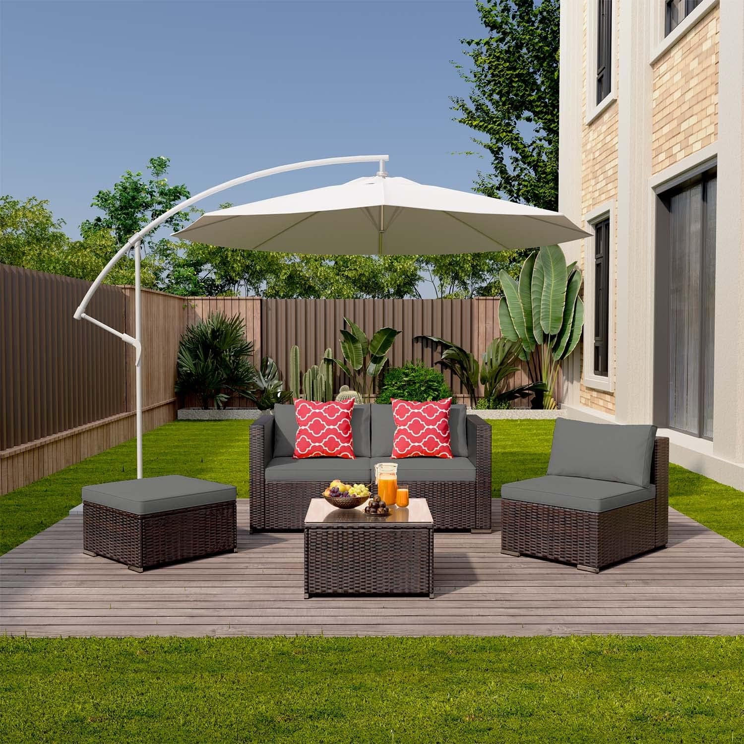 5 Pieces Patio Furniture Set All-Weather Outdoor Wicker Sectional Patio Furniture with Cushion and Glass Table (Grey)